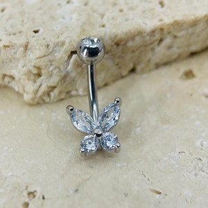 Cute Butterfly Belly Button Ring Piercing, 14G Simple Butterfly Belly Ring in Silver