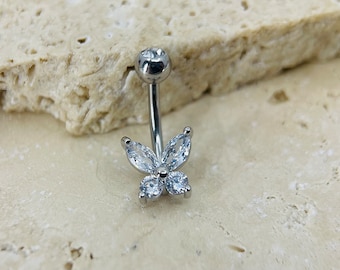 Cute Butterfly Belly Button Ring Piercing, 14G Simple Butterfly Belly Ring in Silver