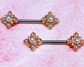 6pcs Yellow Flower Nipple Rings - Cute Pearl Barbell Piercing Jewelry 14g