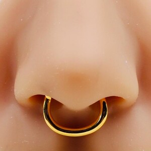 Könnte beinhalten: Ein polierter, goldfarbener, kreisförmiger Septumring, der in der Nasenscheidewand getragen wird. Das Schmuckstück hat ein glattes, durchgehendes Reifendesign mit einer hochglänzenden metallischen Oberfläche, das sicher in den Nasenlöchern sitzt.