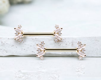Pair of 14G Gold Sparkling Dainty Baguette Stone  Nipple Barbell. Nipple Rings. Nipple Piercing