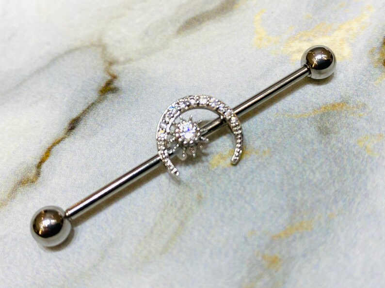 14G Silver Crystals Paved Moon with Center Stone 38MM Industrial Barbell Industrial Piercing Ear Barbells