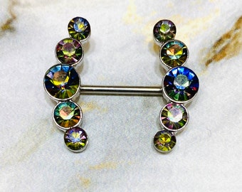 14G Colorful Crystals Nipple Piercing Jewelry Barbells Multicolor Gem Decor Large Nipple Ring Jewelry