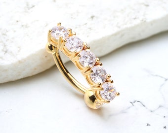 Piercing para el ombligo dorado invertido, elegante, con gemas brillantes, decorativo, de arriba abajo.