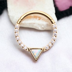 16G Gold Opal Septum Ring, V Cut White Opal Cz Decor Front Septum Nose Piercing Hoop Ring Jewelry