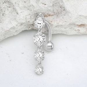 10K White Gold Dangle Belly Ring, Sparkling Gem Decor Front Reversible Belly Button Ring Piercing Jewelry