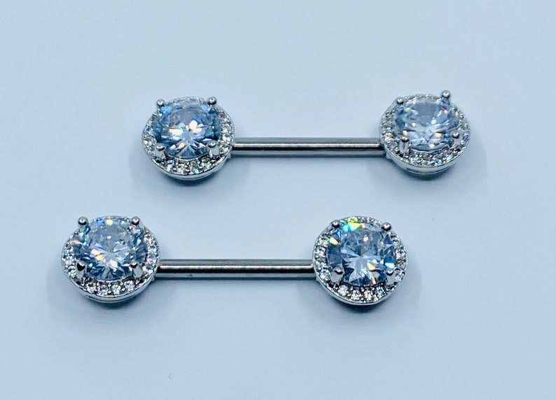 14G Round Crystal Centered Nipple Barbells. Nipple Piercings. Etsy