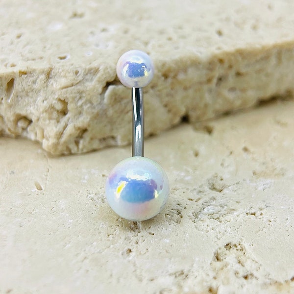 14G Simple Plain White Pearlish Belly Button Ring, Metallic White Ball End Belly Button Ring Piercing