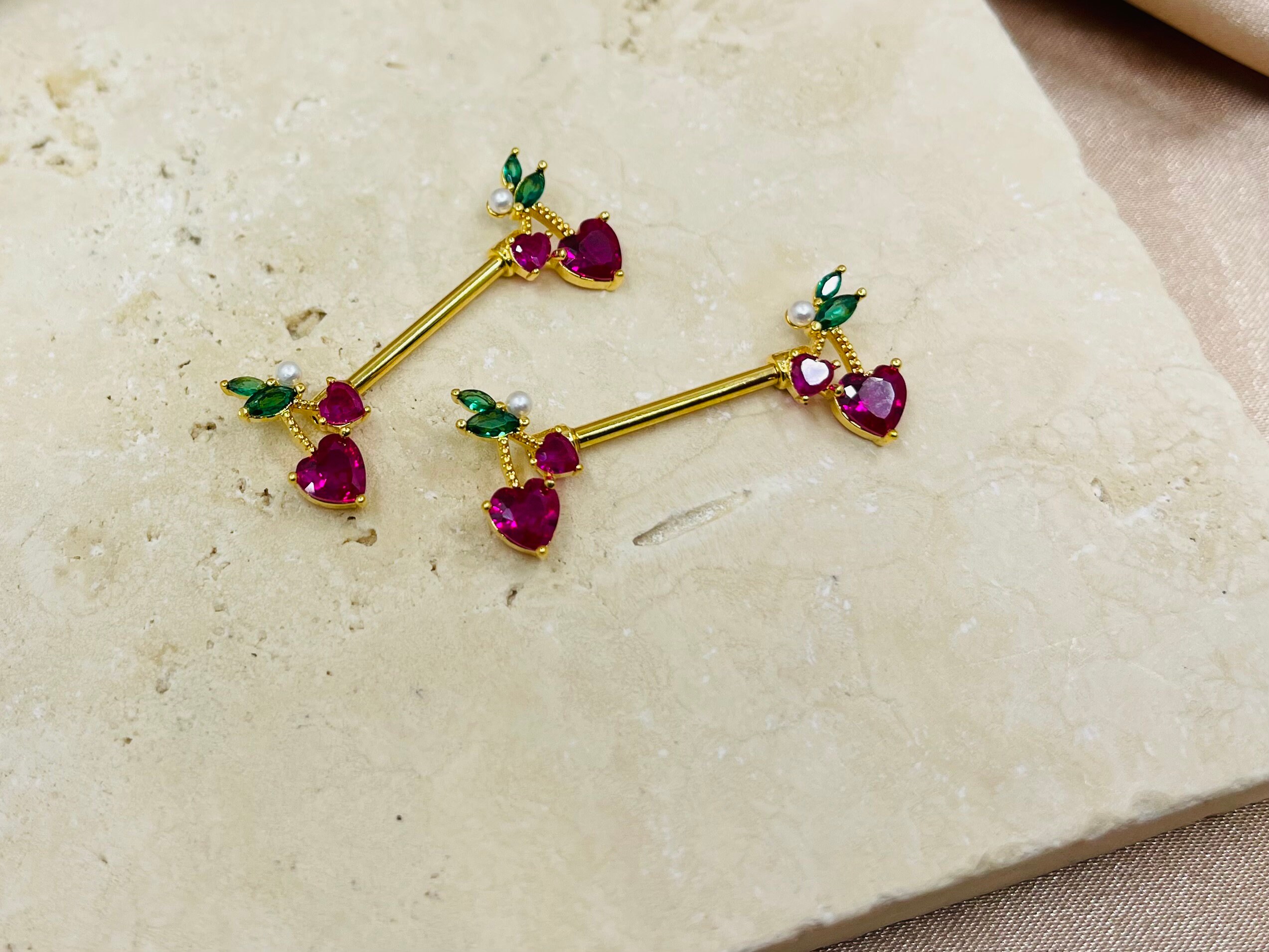 Gold Cherry Heart Drop Nipple Piercing Barbell Colorful Cherry