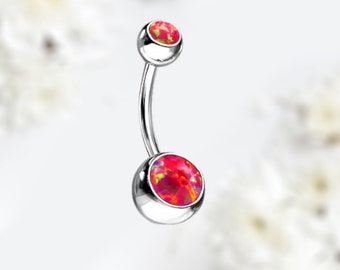 14G Red Opal Surgical Steel Belly Button Ring