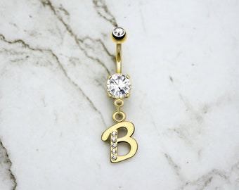 Gold Initials Belly Rings, A-Z Personalized Dangling Initial Gold Belly Button Ring Piercing Jewelry