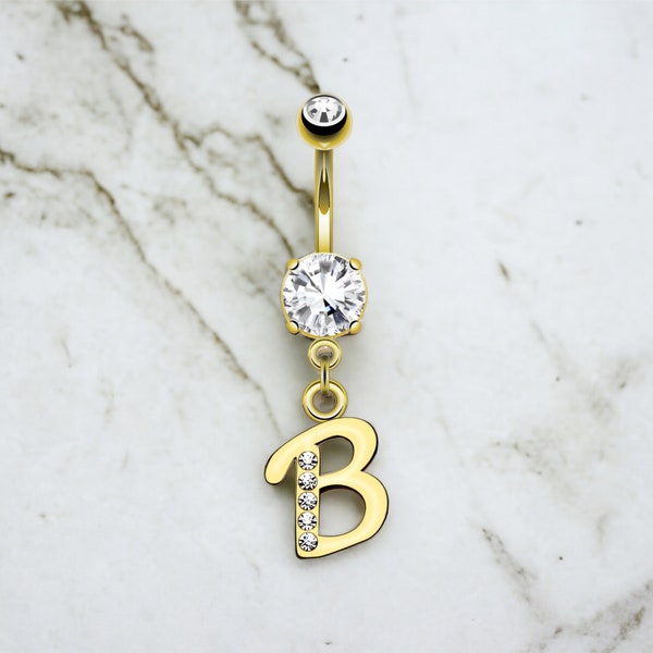 Gold Initials Belly Rings, A-Z Personalized Dangling Initial Gold Belly Button Ring Piercing Jewelry
