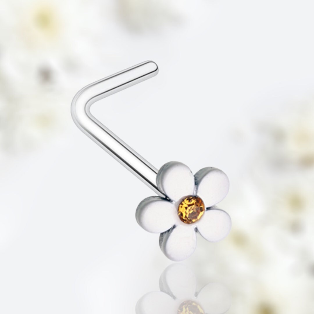 14K White Gold Prong Set Square CZ L Bend Nose Stud Ring 20g 1/4 | UK 14K White Gold Prong Set Square CZ L Bend Nose Stud Ring 20g 1/4 | UK