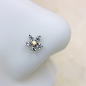 20G Flower Top L Shape Nose Piercing Stud, Floral Decor Top Sparkly CZs Cute Nose Ring Stud Nose Piercing Jewelry
