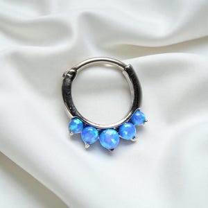 Opal Septum Ring, 16g Blue Opal Gem Front Hinged Septum Piercing Clicker Ring, Nose Piercing Hoop Ring