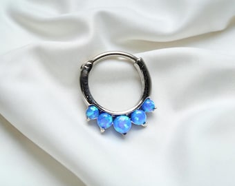 Opal Septum Ring, 16g Blue Opal Gem Front Hinged Septum Piercing Clicker Ring, Nose Piercing Hoop Ring
