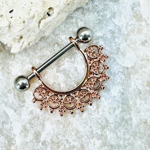 Rose Gold Filigree Fan Design Nipple Barbell, Nipple Jewelry, Nipple Piercing Barbell, Custom Body Piercing Jewelry