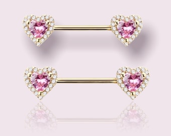 Pair of 14G Surgical Steel Gold Pink & Clear Gem Heart Nipple Barbell. Nipple Rings. Nipple Piercing. Nipple Jewelry.