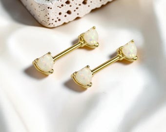 14g Gold Heart Nipple Ring, White Opal Gem Nipple Piercing Jewelry