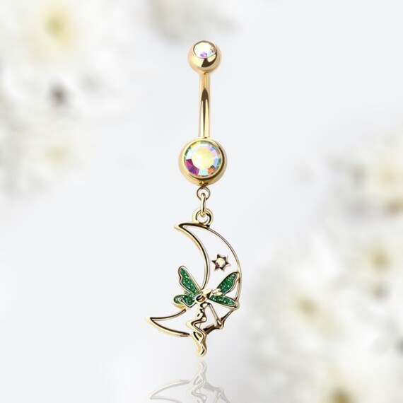 14G Gold White Moon Fairy Dangling Belly Button Ring Navel Ring