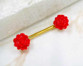 Red Rose Nipple Ring, Gold Barbell, Surgical Steel, 14G