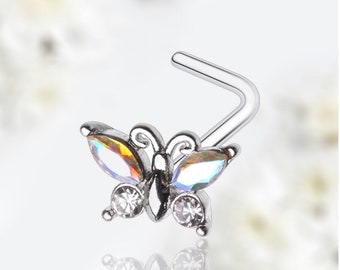 20G Iridescent Gem Butterfly L Shape Nose Stud, Multicolor Gem Butterfly Nose Piercing Ring Stud, Nose Piercing Jewelry