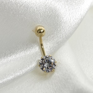 14K Gold Belly Ring, Round Cz Diamond Minimalist Solid Gold Belly Button Ring Piercing Lover Gold Body Jewelry Gift
