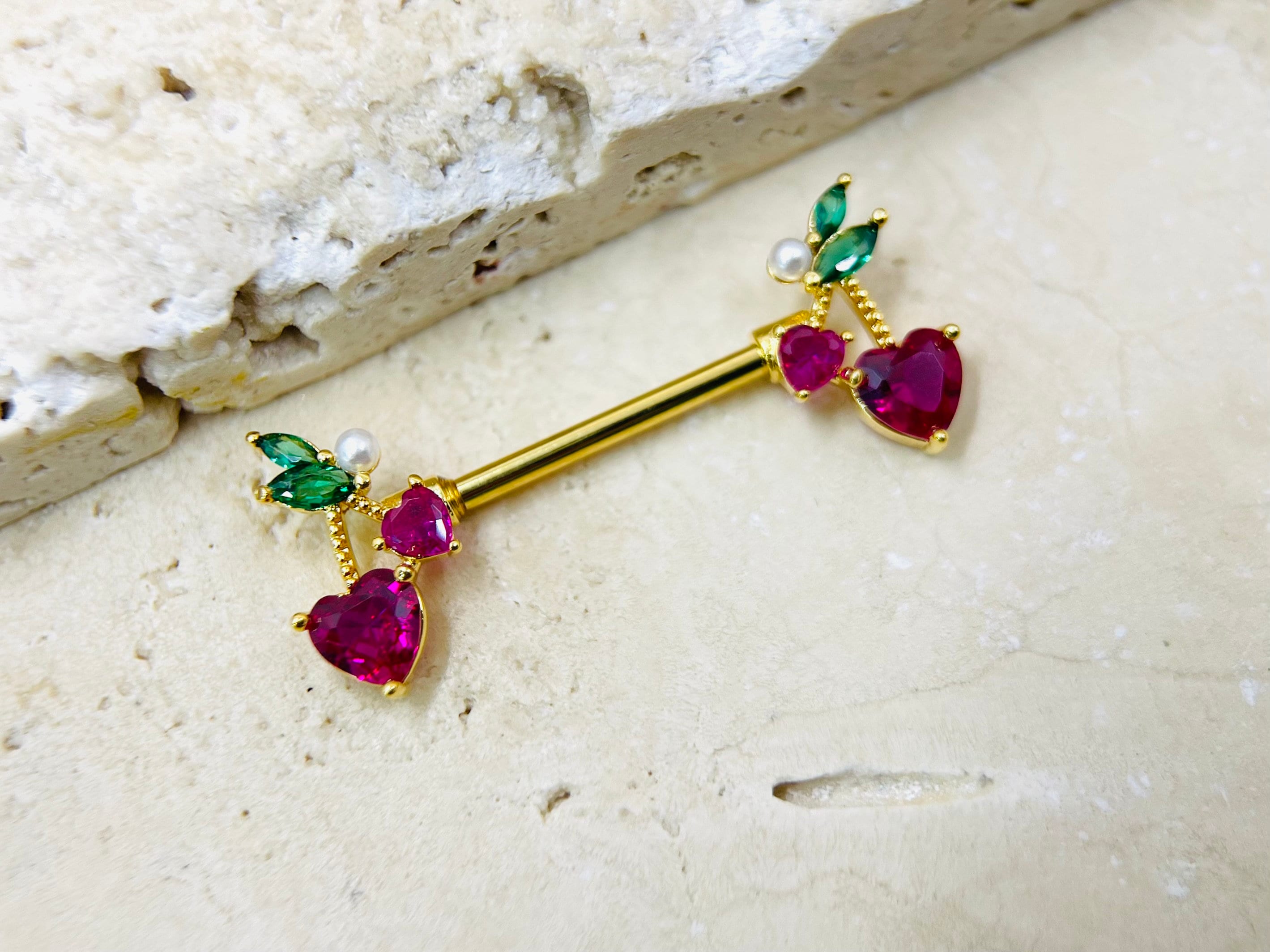 Gold Cherry Heart Drop Nipple Piercing Barbell Colorful Cherry