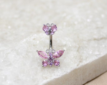 Pink Butterfly Belly Ring, Cute Sparkly Butterfly Decor Belly Button Ring Piercing Jewelry