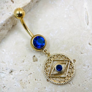 Evil Eye Belly Button Ring • Dangling Evil Eye Charm Belly Piercing • Navel Piercing