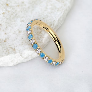 18g 16g かわいい薄いノーズリング、ターコイズ CZ 宝石 宝石 フロント ゴールド ノーズリング 軟骨 ヘリックス コンク 耳ピアス チタン クリッカー リング