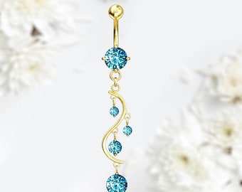 Anillo de ombligo de oro con gemas azules solitarias colgantes