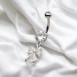 Dangling Bow Charm Belly Button Ring, Navel Piercing Body Jewelry, Belly Ring Piercing