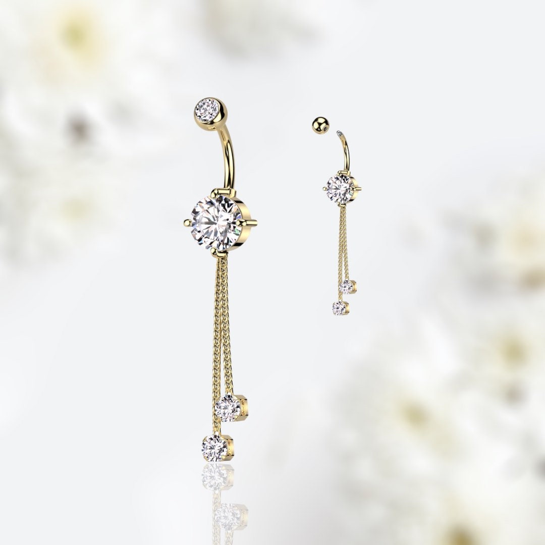 Gold Dangling Rope Belly Button Ring, Dangle Chain Decor Gems Belly ...