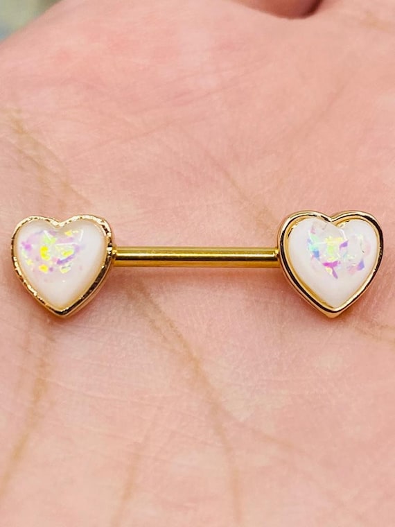 4pcs 14G Nipple Rings Rose Gold Heart White Opal Nipple 