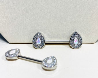 14G Silver Pear Shape Opal and Clear Gem Nipple Piercing Jewelry Barbells