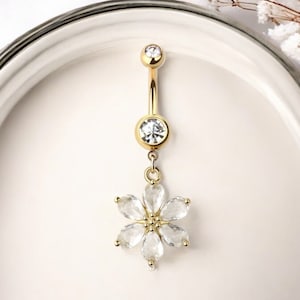 Anello per pancia con fiori penzolanti, Anello per ombelico con petali di decorazioni floreali, Gioielli per piercing del ventre in oro 14g, Gioielli per piercing personalizzati per il corpo