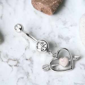 Cupid Heart Belly Ring, Silver White Opal Heart Decor Dangle Belly Ring Piercing Jewelry, Navel Piercing Ring