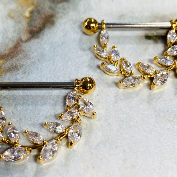 14G Gold Marquise Gems Vine Nipple Piercing Jewelry Barbell, Nipple Piercings, Nipple Jewelry, Nipple Rings
