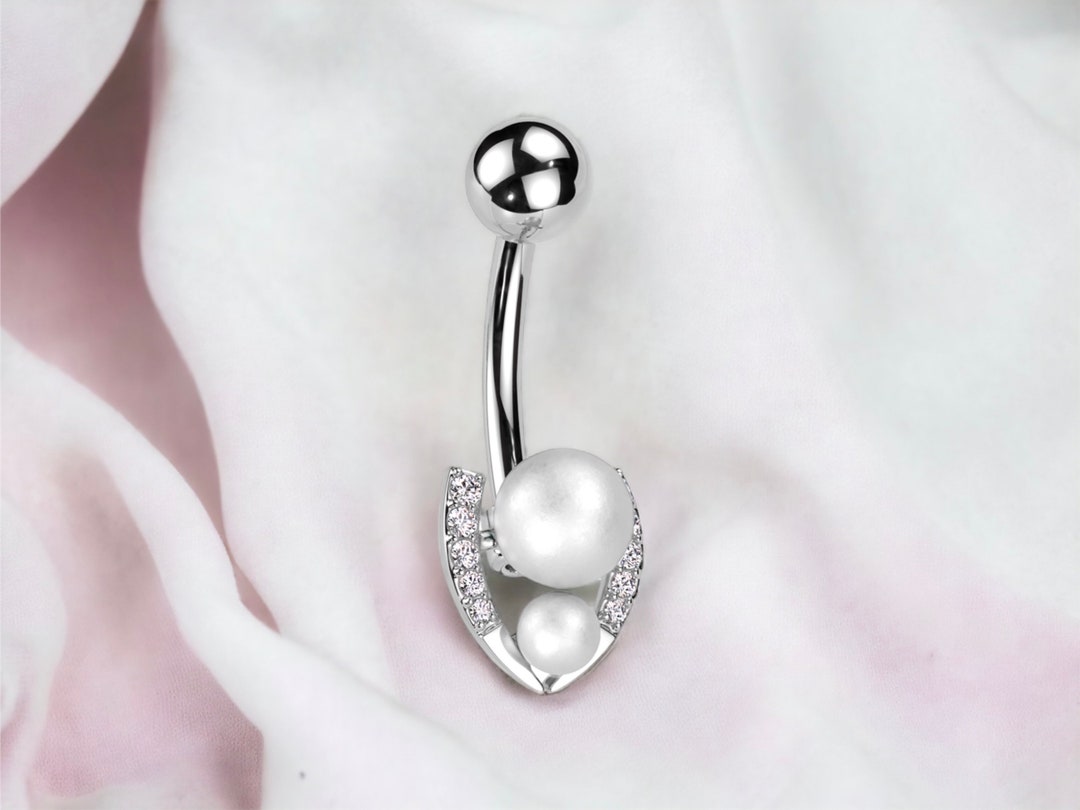 White Pearl Belly Ring Piercing, Dainty White Pearl Decor Elegant Belly