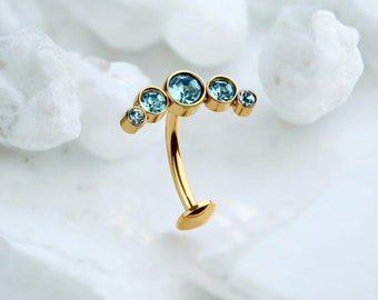 Crystal Curve Belly Ring, Threadless Push in Top Sparkle AquaCrystal Belly Button Ring Piercing, 14g Gold Belly Ring Navel Ring Body Jewelry