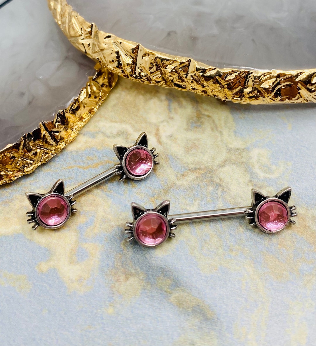 Pair of 14G Cute Kitty Face With Pink Stone Nipple Barbells. Nipple