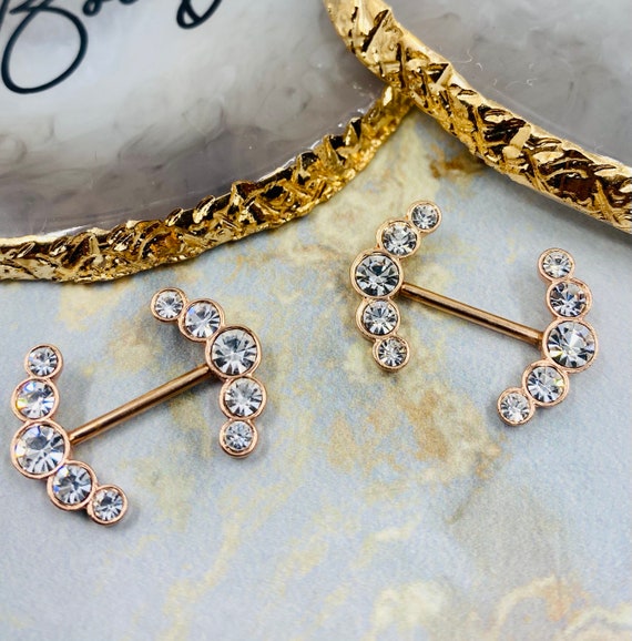 14G Rose Gold Crystal Decor Nipple Piercing Jewelry Barbells Clear