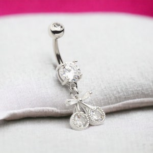 Dangling Cherry with Bow Dangling Belly Button Ring • Body Jewelry • Navel Piercing • Belly Ring