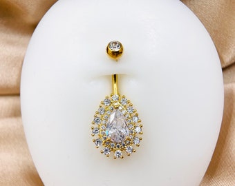 Anillo para el ombligo con forma de lágrima, hermoso anillo para el ombligo con gemas brillantes, sin colgantes, de oro, joyería para el cuerpo