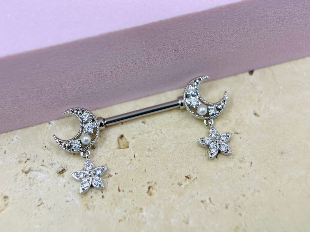 14G Moon Dangling Star Nipple Piercing Ring Jewelry Barbell Etsy UK