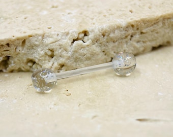 Clear Glitter Balls Bioxflex Nipple Barbells, Metal Free Flexible Nipple Barbells, Nipple Jewelry, Nipple Piercing