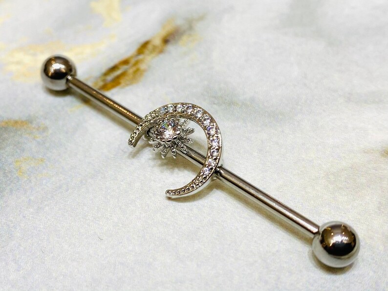 14G Silver Crystals Paved Moon with Center Stone 38MM Industrial Barbell Industrial Piercing Ear Barbells