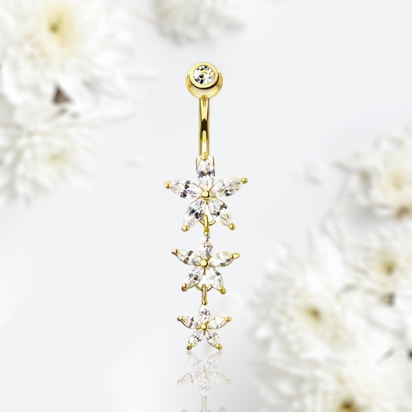 14G Gold Flower Dangling Belly Button Ring