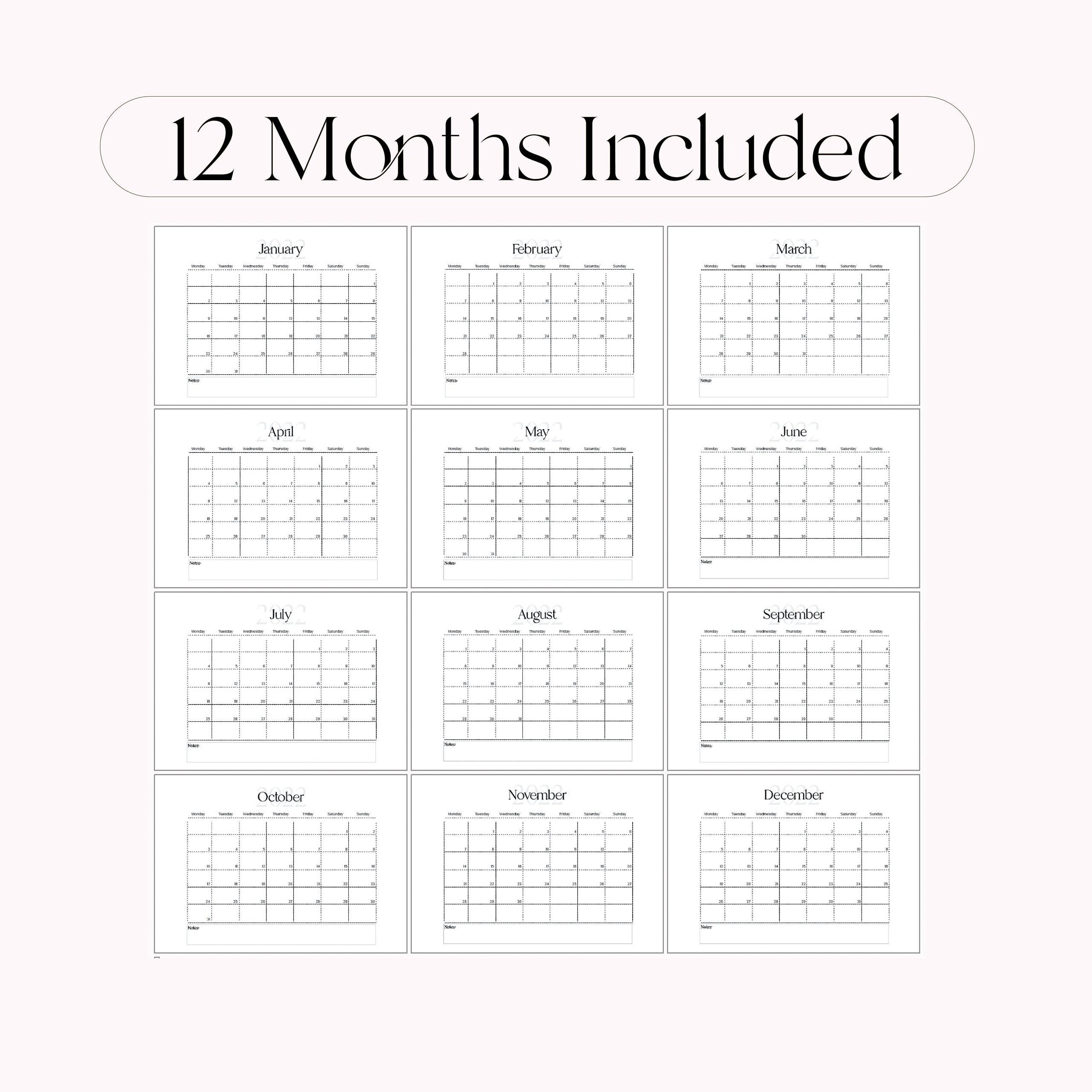2022 monthly calendar printable calendar template landscape etsy